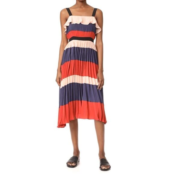 Endless Rose Dress XS Xsmall Navy Blush Pink Midi Pleat Ruffle Stripe Summer NWT - Picture 1 of 5